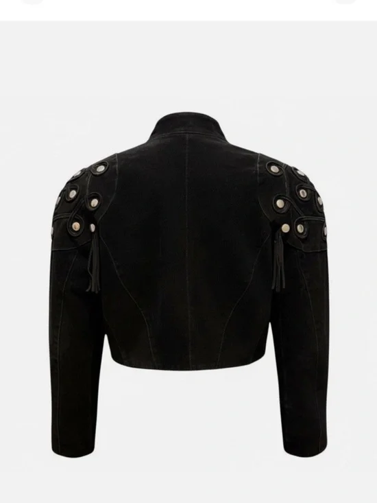 Vintage Suede Fringe Jacket Black Studded Cropped Indie Rock Revival S/M - Picture 8 of 9